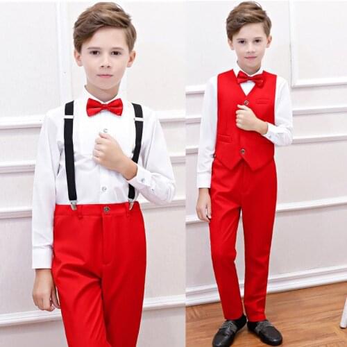 3-16 Years Boys Gentleman Red Suits Baby Boys White Shirts Wedding Formal Kids Autumn Tie Shirts Pants Sets Boys Student outfits