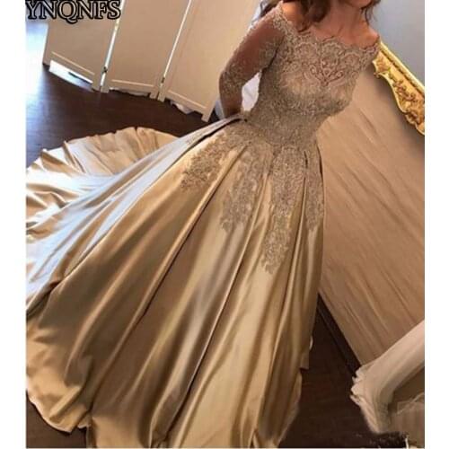 Elegant long champagne-colored brides mothers dress embroidered long-sleeved Vestidos de fiesta formal party dress