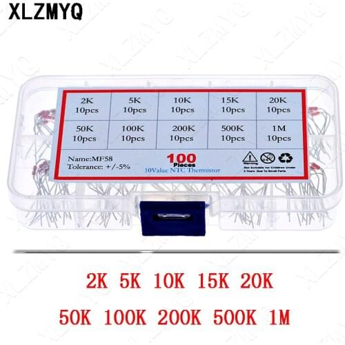 100pcs NTC Thermistor Resistor Kit NTC-MF58 2K 5K 10K 15K 20K 50K 100K 200K 500K 1M Temperature sensor +/-5% 3950B 10value*10pcs