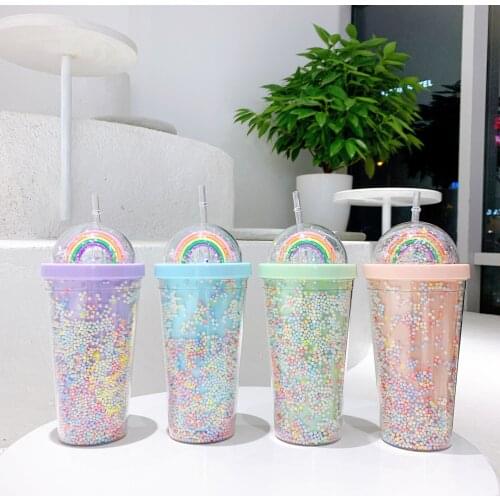 Korean Plastic Cup Double Layer With Straw Net Red Ins Water Cup Girl Home Office Water Bottle with Straw Kawaii Cute Drinkware