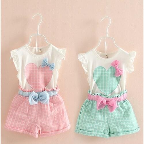 Summer Girls Clothing Sets Cute Bow Love Vest T-Shirt + Shorts 2Pcs Outfit Casual Cotton Kids Suits 2-6 Year Childrens Clothing