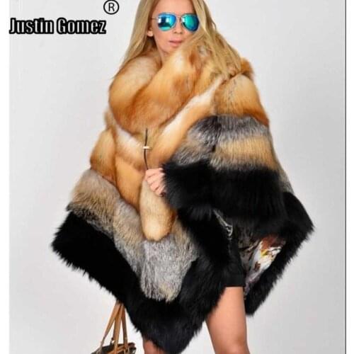 Best Quality Winter Warm Natural Red Fox Fur Cloak Coats Women Stylish Big Hem Charming Beautiful Real Fur Wedding Cape