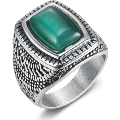 Megin D Vintage Simple Style Noble Floral Emerald Titanium Steel Rings for Men Women Couple Family Fashion Design Gift Jewelry