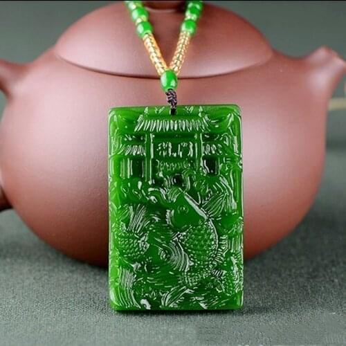 Natural Jade Green Hand Carved Carp Pendant Fashion Boutique Jewelry Mens and Womens Yuyuelongmen Necklace Gift Accessories