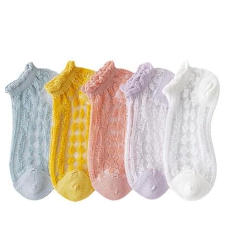 10 Pair Summer Breathable Ultra Ankle Socks Women Transparent Lace Silk Crystal Flower Girls Elastic Short Socks Female Sox 2021
