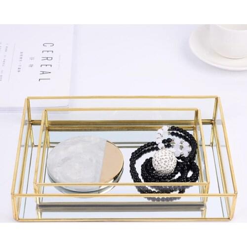 New Nordic Retro Storage Tray Gold Rectangle Glass Makeup Organizer Tray Lipstick, Eyebrow , perfume Jewelry Display Storage Box