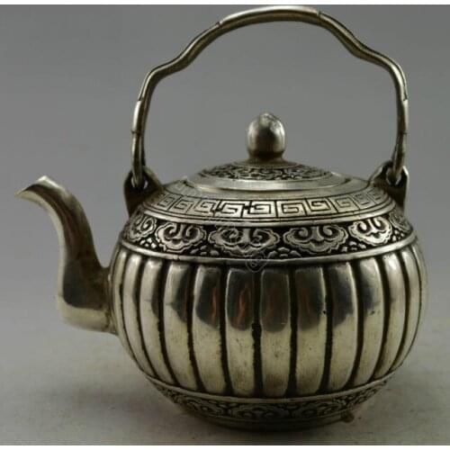 Elaborate Chinese Old Handwork Tibetan silver Pumpkin auspicious Teapot
