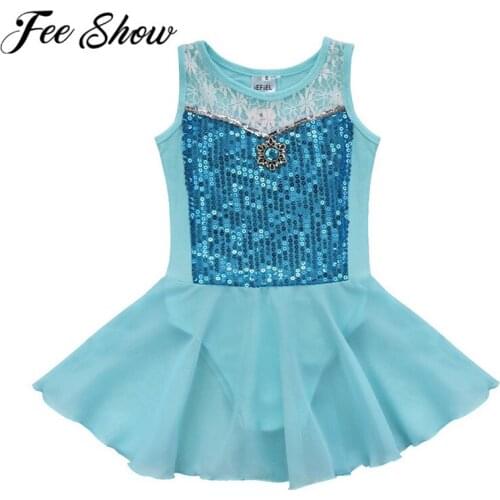 FEESHOW Girls Ballet Dance Gymnastics Leotard Dress Sequins Sleeveless Pink Blue Ice Silk Dancer Dress for Ballerina Dancewear