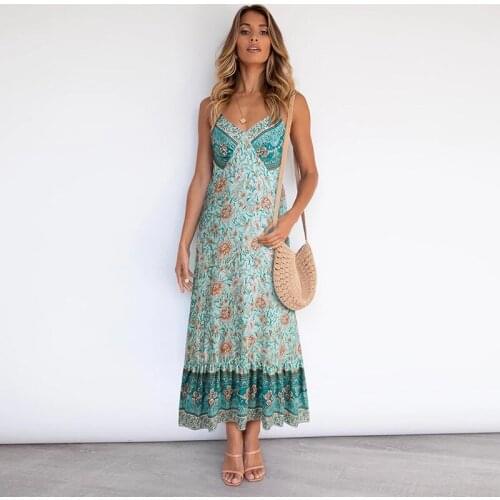 Dresses For Women 2021 Backless Sleeveless floral Summer Dress Bohemian Maxi Slip Dress Green Casual Beach Party Women Clothing