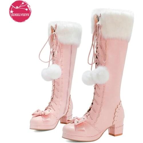 Lolita High Boots Winter Warm Fur Neck Girls Cosplay Party JK Princess Shoes Lace Up Bowtie Chunky Heel Side Zipper PU Leather