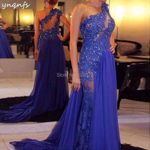 YNQNFS ED227 Sexy See-through Dress One Shoulder Chiff Lace Mermaid Bridesmaid Dresses Blue Party Formal Dress Elegant 2019