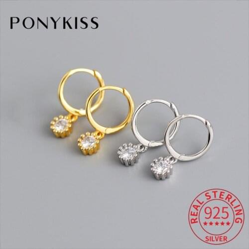 PONYKISS Trendy 100% 925 Sterling Silver Shine Zircon Geometric Hoop Earrings Women Party Delicate Elegant Accessories Fine Gift