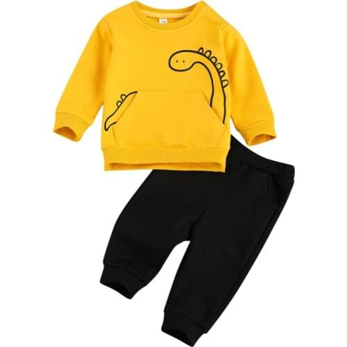 2021 Baby Boys Long Sleeve Cartoon Dinosaur Print Top Pants Cotton Outfits Newborn Set Kids Boys Clothing