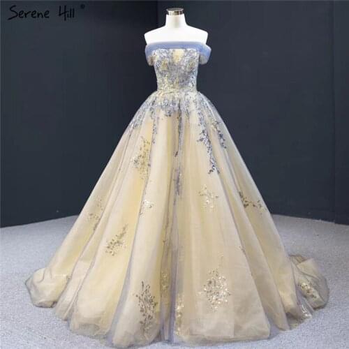 Serene Hill Gold Blue Sleeveless Sexy Prom Dress Strapless Contrast Color Glitter A-Line Formal Evening Gown 2019 CHM66957