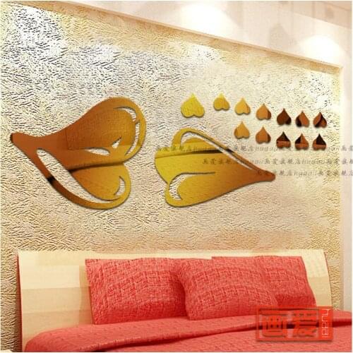 Mirror crystal three-dimensional wall stickers bathroom decoration mirror ( lips mirror , love heart mirror 12 pcs )