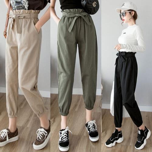 Women Pants High Waist Bud-Shaped Pants Womens Casual Pants Spring Cropped Loose Ankle-Tied Overalls Pantalones De Mujer