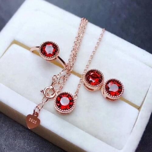 925 sterling silver real Natural garnet Jewelry Sets rings pendants earrings send necklace fine new women wholesale mtz060689ags