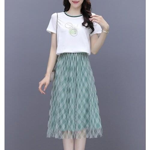 Two Piece Suit Women 2021 Summer New Fashion White Short Sleeve T-shirt Dress + Mesh See Through Striped Draped Skirt Sets