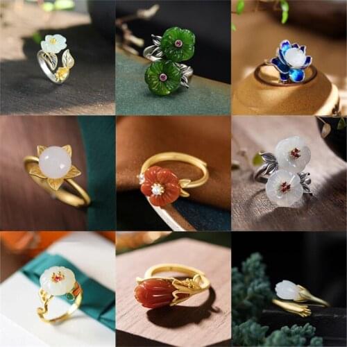 New SNew Sterling Silver Natural Hetian Jade Lotus Handmade Female Model Atmospheric Retro Temperament Open Ring