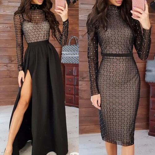 Women Fashion Bodycon Mesh Long Sleeve Hot Drilling Dress 2020 Spring Ladies Evening Party Club Turtleneck Slit Short Midi Dress
