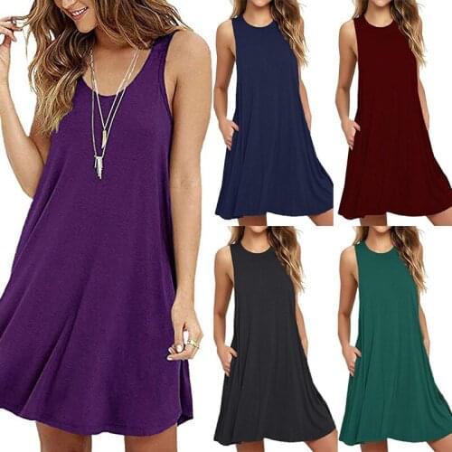 2020 Spring and Summer Casual Sleeveless Dress Round Neck Pocket Vest Beach Skirt