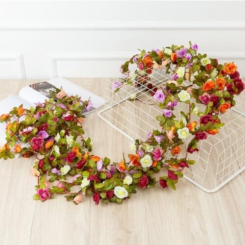 2.5M 45Heads Artificial Roses Flower Vine DIY Wedding Garland Wreath Home Garden Fence Outdoor Wall Hanging Fake Flowers Rattan