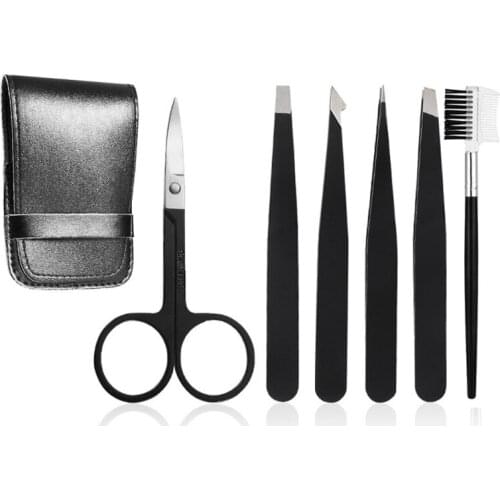 6pcs Professional Eyebrow Tweezers Scissors with Leather Case Hair Beauty Slanted Stainless Steel Tool
