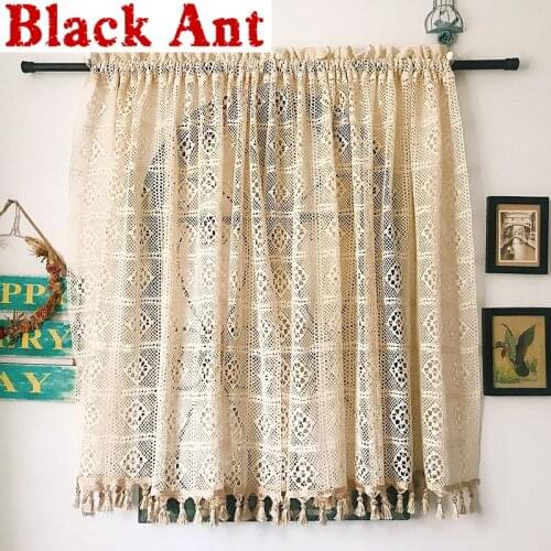 American Country Beige Crochet Hollow-Out Tassel Short Curtain Living Room Kitchen Retro Garden Cabinet Window Drapes ZH304E