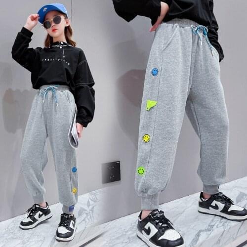 Girls Casual Pants Spring And Autumn Pure Cotton Girls Trousers Cartoon Smiley Fashion Sports Pants Elastic Waist Pants 10-14 Y