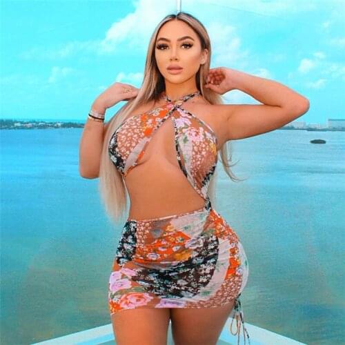 Floral Print Patchwork Dress Sexy Women Dress Off Shoulder Hollow Out Halter Bodycon Summer Backless Clubwear Mini Dress