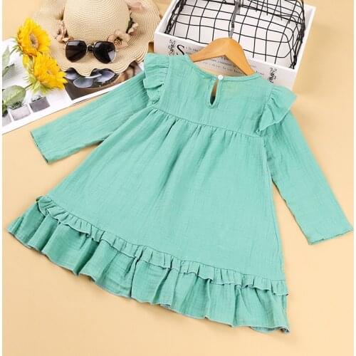 2021 Childrens Clothing Female Autumn New Mint Green Embroidery Long-Sleeved Ruffled Cotton Long-Sleeved Dress