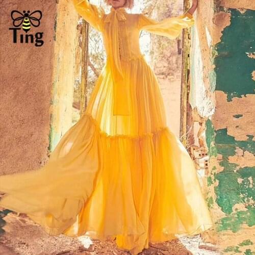Tingfly Designer Runway Vogue Bownot Collar Brighten Yellow Maxi Long Dress Women Chiffon Flowy Party Dinner Dress Vestidos Traf
