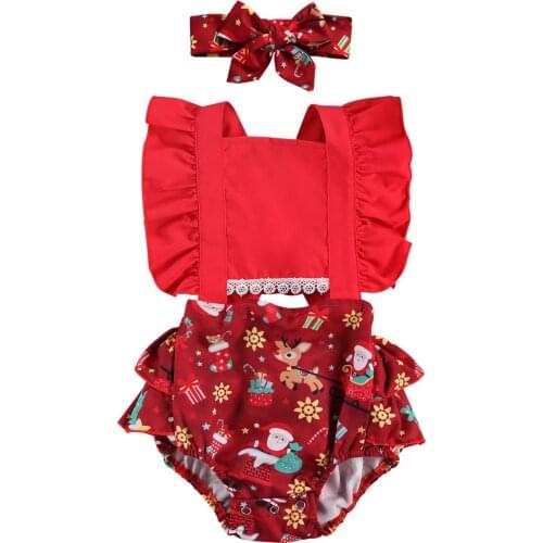 FOCUSNORM 0-18M Christmas Baby Girls Boys Bodysuits Headband 2pcs Ruffles Short Sleeve Cartoon Print Jumpsuits