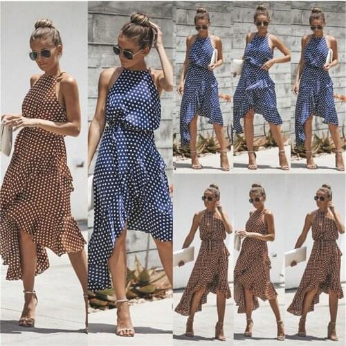 GOOHOJIO Summer Elegant Dot Print Women Dresses Halter Ruffle Irregular Hem Midi Dress Ladies Backless Beach Sundresses Vestidos