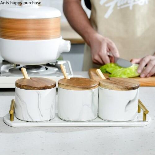 Ceramics Marbling Spice Jar Three-piece Set with Tray Wooden Lid Spoon Home Kitchen Storage Tank Spice Container Seasoning Box