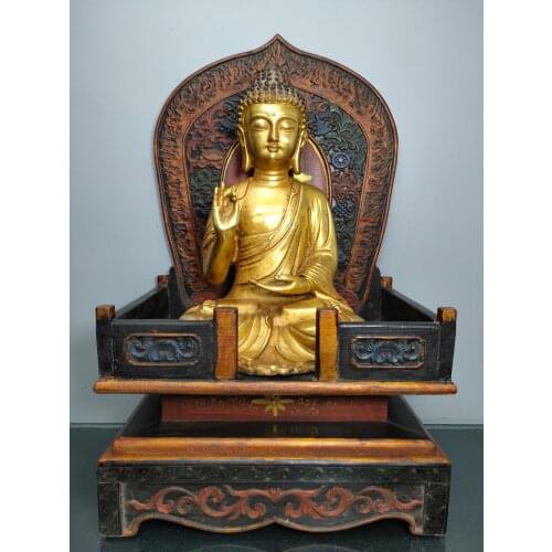 19"Chinese temple collection Old Bronze Lacquer Shakyamuni Buddha Statue Lacquered wood Buddhist altar Buddha Terrace Enshrine