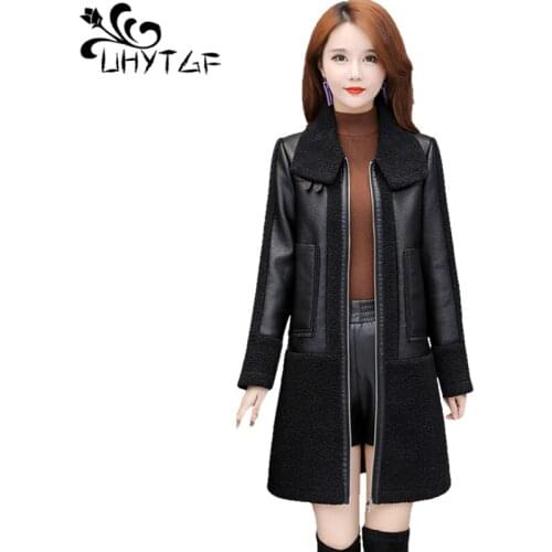 UHYTGF Quality PU Leather Jacket Winter Coat Female Fashion Splicing Casual Warm Outerwear Womens Black Plus Size Overcoat 1235