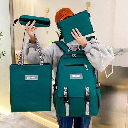 Korean-style Fashion Canvas Backpack Four-piece Set Trend Large-capacity Backpack Campus Junior and Senior High School STUDENTS