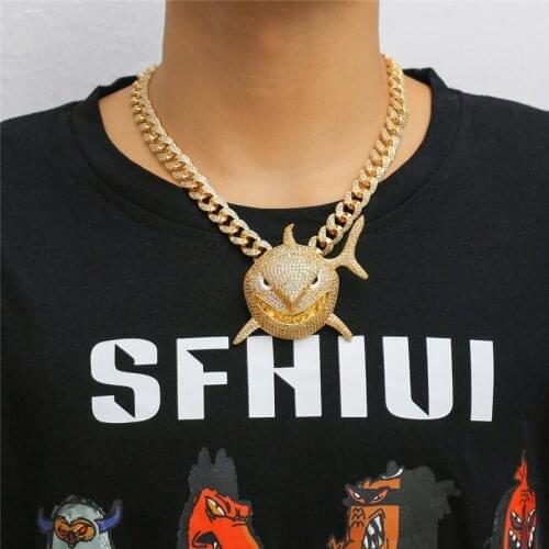 Iced Out Shark Pendant Necklace Crystal Hip Hop Jewelry For MenS Cubic Zircon Animal Pendant With Rhinestne Cuban Link Chain