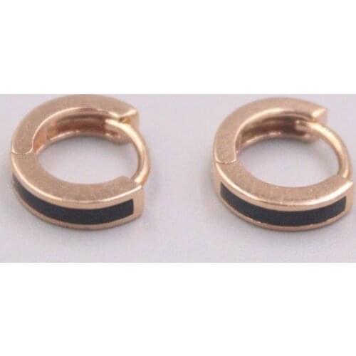 Real Pure 18K Rose Gold Earrings Black Enamel Strip Circle Hoop Earrings Men Woman Gift 1.5g