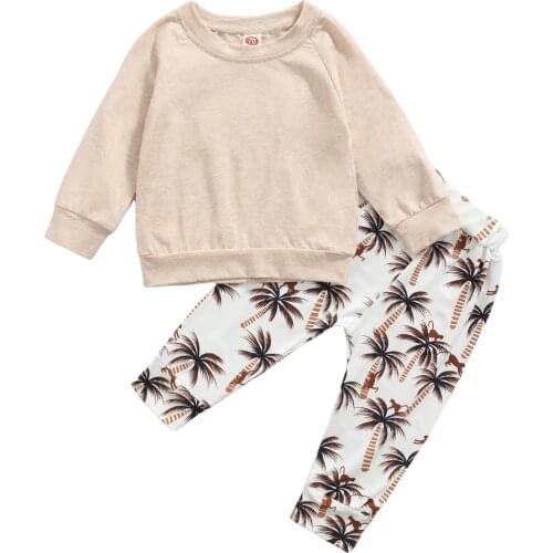 2021 0-24M Fall Infant Girl Boy Clothes Set Solid Color Long Sleeve Sweatshirt+Coconut Trees Print Harem Pants Casual Outfits