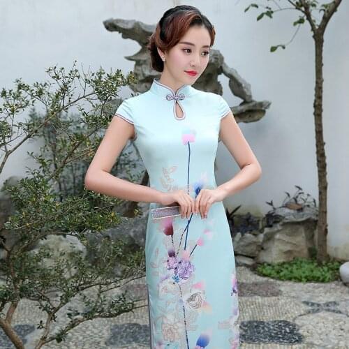 Imitation Silk Chinese Cheongsam Women Long Qipao Short Sleeve Chinese Traditional Dresses Oriental Style Dress Tang Costume 89