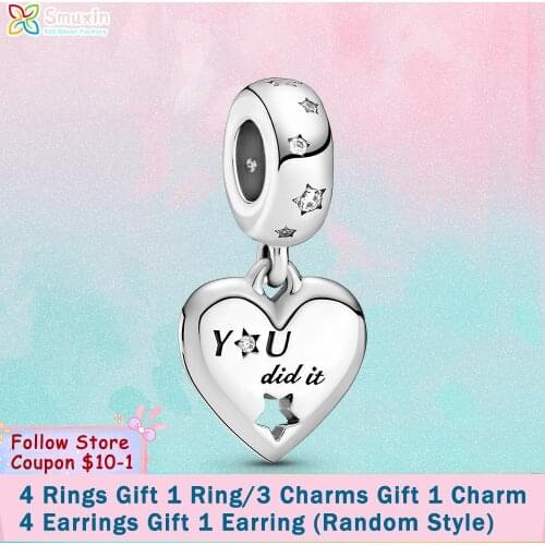 Smuxin 925 Sterling Silver Congratulations Heart & Stars Charm fit Original Pandora Bracelets Women Jewelry Making Girl Jewelry