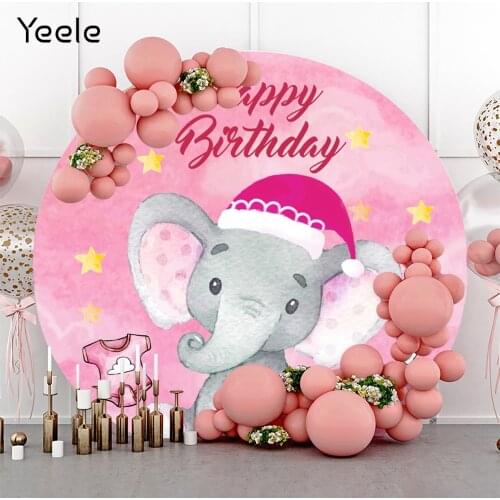 Yeele Newborn Baby Shower Pink Round Backdrop Cute Elephant Birthday Party Photography Background Custom Polyester Photo Studio