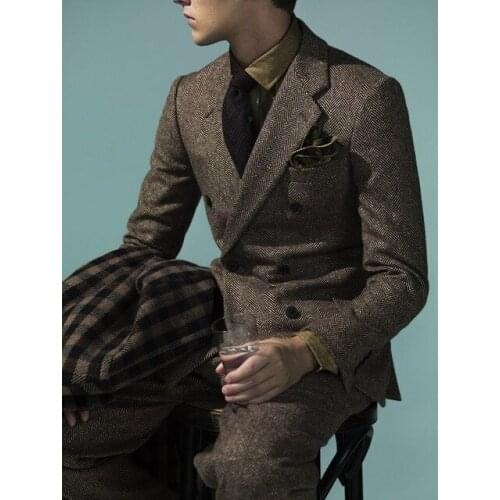 Herringbone Grey Mens Woolen Double Breasted Suits 2 Piece Mens Wedding Tuxedo Custom Prom Suits Jacket Pants Terno Masculi