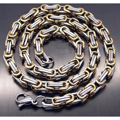 Tisnium 5/6/8mm Mens Necklace Chains Gold Silver Color Byzantine Box Link Stainless Steel Chain Necklace Bracelet for Men