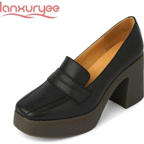 Lanxuryee 2021 spring new natural leather square toe super high heels retro fashion gladiator platform slip on women pumps L89