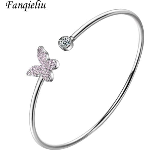 Fanqieliu Butterfly Dragonfly Heart Charm Bangles Zircon Crystal Cuff Bracelet 925 Sterling Silver Bracelets For Women FQL20228