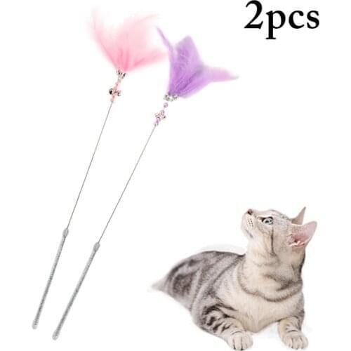 2PCS Fake Feather Cat Wand Kitten Teaser Stick With Bell Attractive Cat Interactive Toy Pet Training Supplies 45cm Length