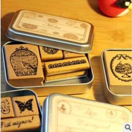 4Patterns/Box Paris Items Wood Stamp Set For Stationery DIY Scrapbooking Rubber Stamp Card Making Album Decoroation Crafts
